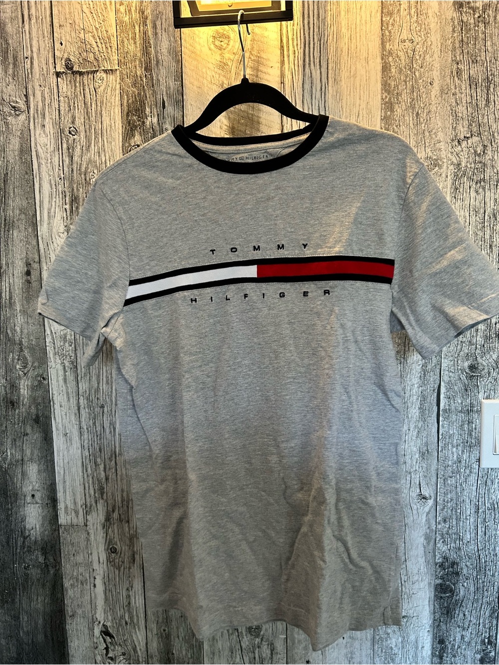 Tommy Hilfiger Heather Gray Short Sleeve Logo Tee with Red & Black Stripe